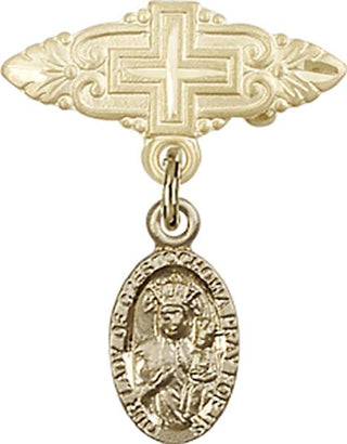 14kt Gold Badge Pin With Cross O/L of Czestochowa Baby Badge