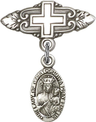 Sterling Silver Badge Pin With Cross O/L of Czestochowa Baby Badge
