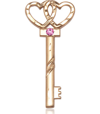 14kt Gold Filled Key w/Double Hearts Pendant with a 3mm Rose Swarovski stone on an 24-inch Gold Plate Heavy Curb Chain
