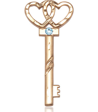 14kt Gold Filled Key w/Double Hearts Pendant with a 3mm Aqua Swarovski stone on an 24-inch Gold Plate Heavy Curb Chain