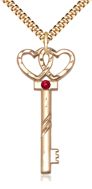 14kt Gold Filled Key w/Double Hearts Pendant with 3mm Ruby Swarovski Necklace