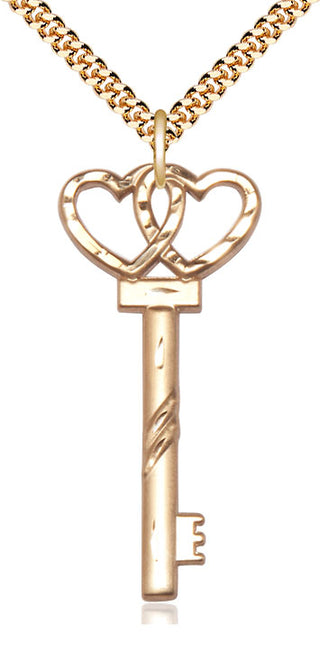 14kt Gold Filled Key w/Double Hearts Medal Catholic Jewelry