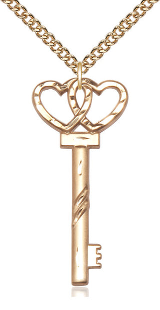 14kt Gold Filled Key w/Double Hearts Medal Catholic Jewelry
