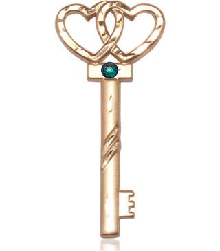 14kt Gold Key w/Double Hearts Medal with a 3mm Emerald Swarovski stone