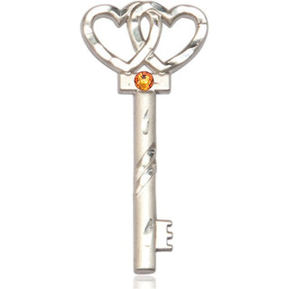 Sterling Silver Key w/Double Hearts Pendant with a 3mm Topaz Swarovski stone on an 24-inch Light Rhodium Heavy Curb Chain