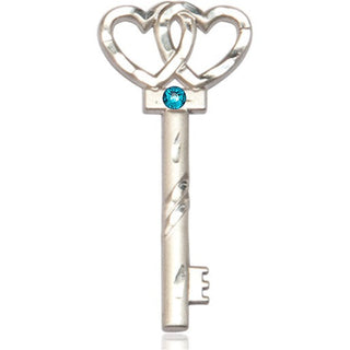 Sterling Silver Key w/Double Hearts Pendant with a 3mm Zircon Swarovski stone on an 24-inch Light Rhodium Heavy Curb Chain