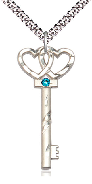 Sterling Silver Key w/Double Hearts Pendant with 3mm Zircon Swarovski Necklace