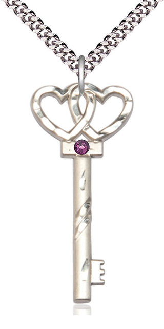 Sterling Silver Key w/Double Hearts Pendant with 3mm Amethyst Swarovski Necklace