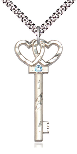 Sterling Silver Key w/Double Hearts Pendant with 3mm Aqua Swarovski Necklace