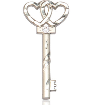 Sterling Silver Key w/Double Hearts Pendant with a 3mm Crystal Swarovski stone on an 24-inch Light Rhodium Heavy Curb Chain