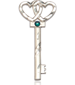 Sterling Silver Key w/Double Hearts Pendant with a 3mm Emerald Swarovski stone on an 24-inch Light Rhodium Heavy Curb Chain