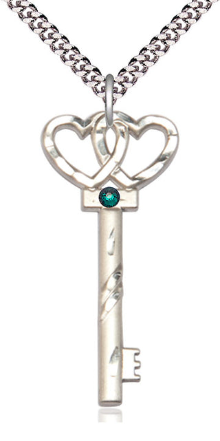 Sterling Silver Key w/Double Hearts Pendant with 3mm Emerald Swarovski Necklace