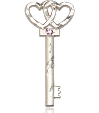 Sterling Silver Key w/Double Hearts Pendant with a 3mm Light Amethyst Swarovski stone on an 24-inch Light Rhodium Heavy Curb Chain