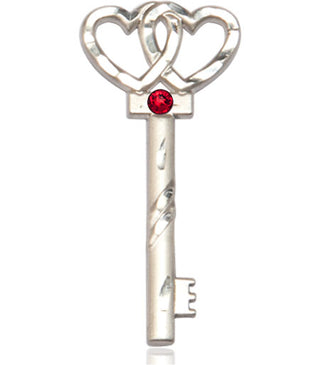 Sterling Silver Key w/Double Hearts Pendant with a 3mm Ruby Swarovski stone on an 24-inch Light Rhodium Heavy Curb Chain