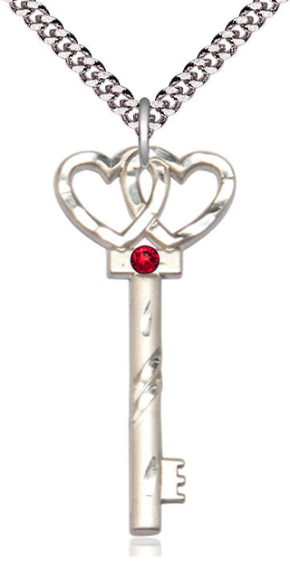 Sterling Silver Key w/Double Hearts Pendant with 3mm Ruby Swarovski Necklace