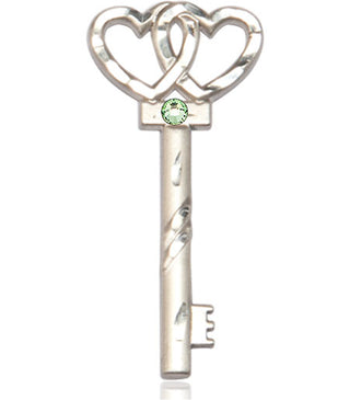 Sterling Silver Key w/Double Hearts Pendant with a 3mm Peridot Swarovski stone on an 24-inch Light Rhodium Heavy Curb Chain