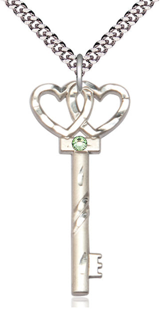 Sterling Silver Key w/Double Hearts Pendant with 3mm Peridot Swarovski Necklace