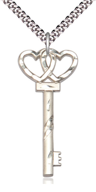 Sterling Silver Key w/Double Hearts Medal Catholic Jewelry