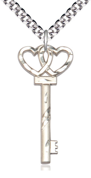 Sterling Silver Key w/Double Hearts Medal Catholic Jewelry