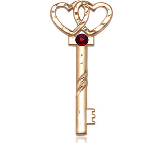 14kt Gold Filled Key w/Double Hearts Pendant with a 3mm Garnet Swarovski stone on an 18-inch Gold Filled Light Curb Chain