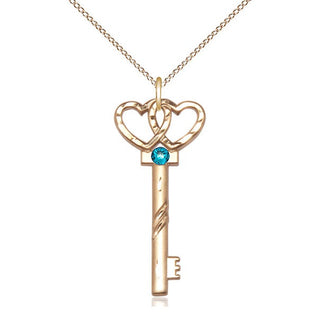 14kt Gold Filled Key w/Double Hearts Pendant with 3mm Zircon Swarovski Necklace