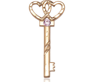 14kt Gold Filled Key w/Double Hearts Pendant with a 3mm Light Amethyst Swarovski stone on an 18-inch Gold Filled Light Curb Chain
