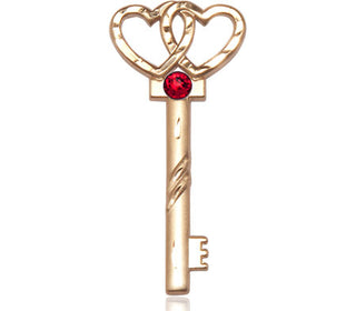 14kt Gold Filled Key w/Double Hearts Pendant with a 3mm Ruby Swarovski stone on an 18-inch Gold Filled Light Curb Chain