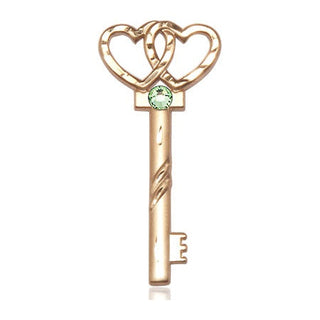 14kt Gold Filled Key w/Double Hearts Pendant with a 3mm Peridot Swarovski stone on an 18-inch Gold Filled Light Curb Chain