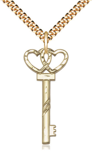 14kt Gold Filled Small Key w/Double Heart Medal Religious Jewelry