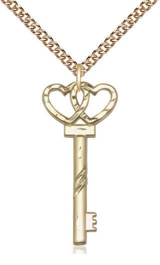 14kt Gold Filled Small Key w/Double Heart Medal Religious Jewelry