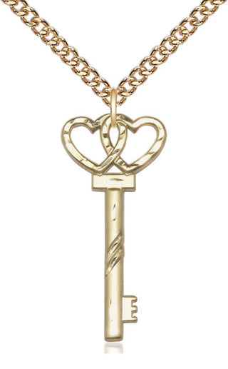 14kt Gold Filled Small Key w/Double Heart Medal Religious Jewelry