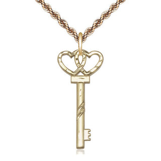 14kt Gold Filled Small Key w/Double Heart Medal Religious Jewelry