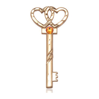 14kt Gold Key w/Double Hearts Medal with a 3mm Topaz Swarovski stone
