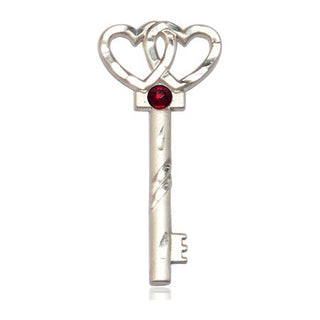 Sterling Silver Key w/Double Hearts Pendant with a 3mm Garnet Swarovski stone on an 18-inch Sterling Silver Light Curb Chain