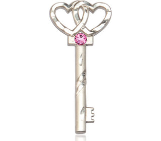 Sterling Silver Key w/Double Hearts Pendant with a 3mm Rose Swarovski stone on an 18-inch Sterling Silver Light Curb Chain