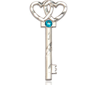 Sterling Silver Key w/Double Hearts Pendant with a 3mm Zircon Swarovski stone on an 18-inch Sterling Silver Light Curb Chain
