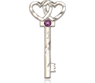 Sterling Silver Key w/Double Hearts Pendant with a 3mm Amethyst Swarovski stone on an 18-inch Sterling Silver Light Curb Chain