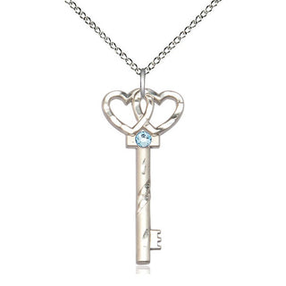 Sterling Silver Key w/Double Hearts Pendant with 3mm Aqua Swarovski stone Necklace