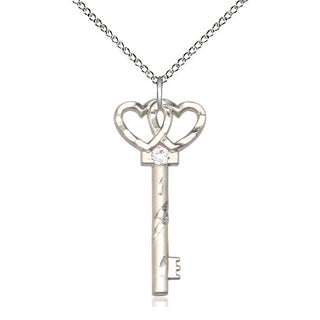 Sterling Silver Key w/Double Hearts Pendant with 3mm Crystal Swarovski stone Necklace