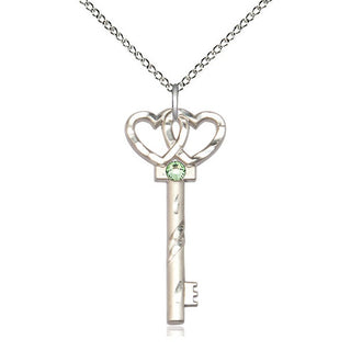 Sterling Silver Key w/Double Hearts Pendant with 3mm Peridot Swarovski stone Necklace