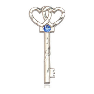 Sterling Silver Key w/Double Hearts Pendant with a 3mm Sapphire Swarovski stone on an 18-inch Sterling Silver Light Curb Chain