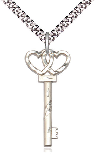 Sterling Silver Small Key w/Double Heart Medal Religious Jewelry