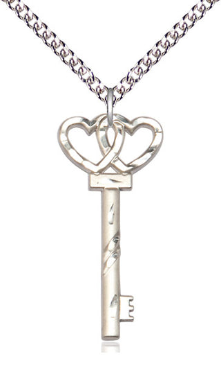 Sterling Silver Small Key w/Double Heart Medal Religious Jewelry