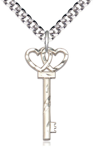 Sterling Silver Small Key w/Double Heart Medal Religious Jewelry