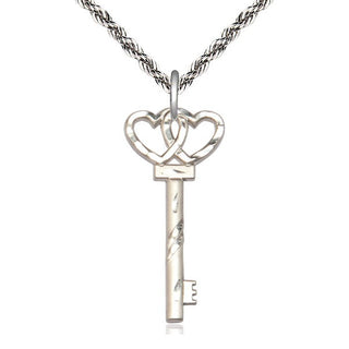 Sterling Silver Small Key w/Double Heart Medal Religious Jewelry