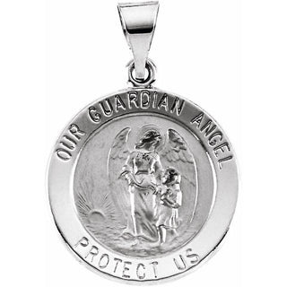 14K White 18 mm Hollow Round Guardian Angel Medal