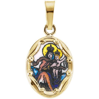 14K Yellow 13x10 mm Oval Hand Painted Porcelain Scapular Medal