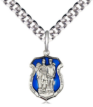 Pewter Saint Michael the Archangel Police Shield Medal Religious and Catholic Jewelry Engraved Catholic Saint Jewelry
