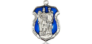 Sterling Silver Saint Michael the Archangel Police Shield Medal Religious and Catholic Jewelry Engraved Catholic Saint Jewelry