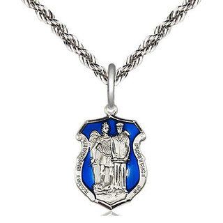 Sterling Silver Saint Michael the Archangel Police Shield Medal Religious and Catholic Jewelry Engraved Catholic Saint Jewelry